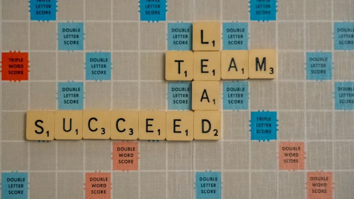 Scrabble board with tiles spelling SUCCEED, TEAM and LEAD across the bonus squares